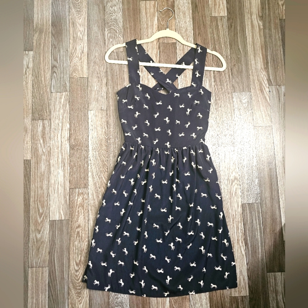 Everly Navy White Horse Print Fit and Flare Dress